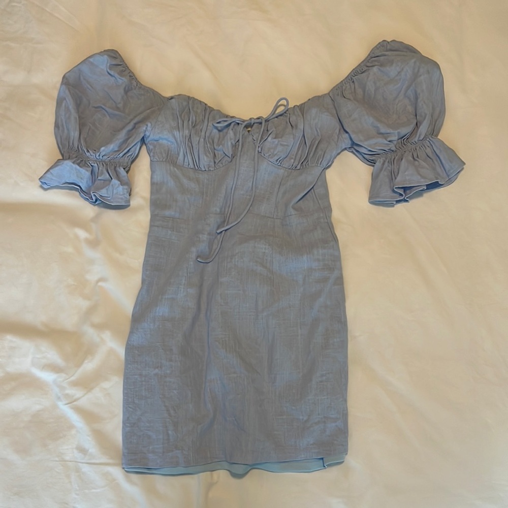 Blue bubble sleeve mini dress